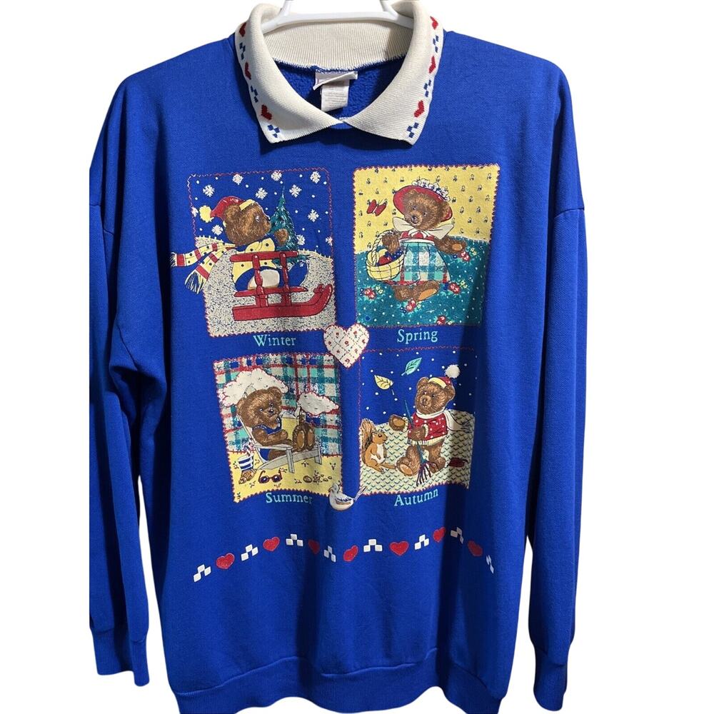 Act 3 Women's M Vintage Graphic Print Collared Sweater Blue 90s Bear Seasons